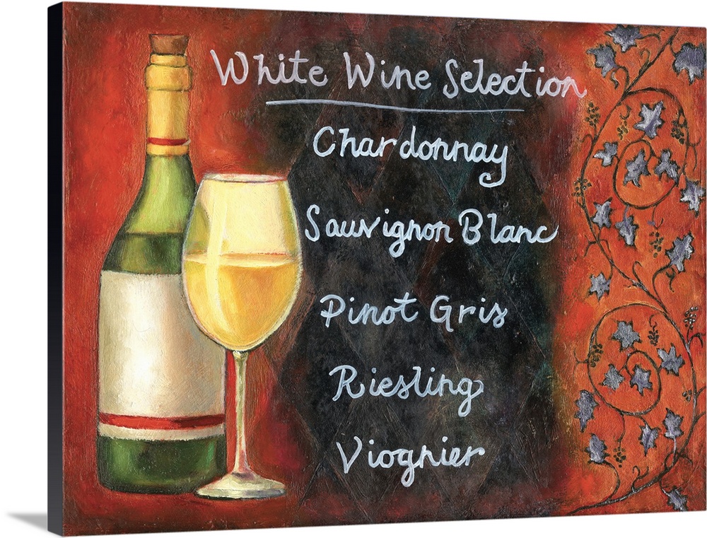 A list of white wine options next to a wine glass and bottle with a red background.