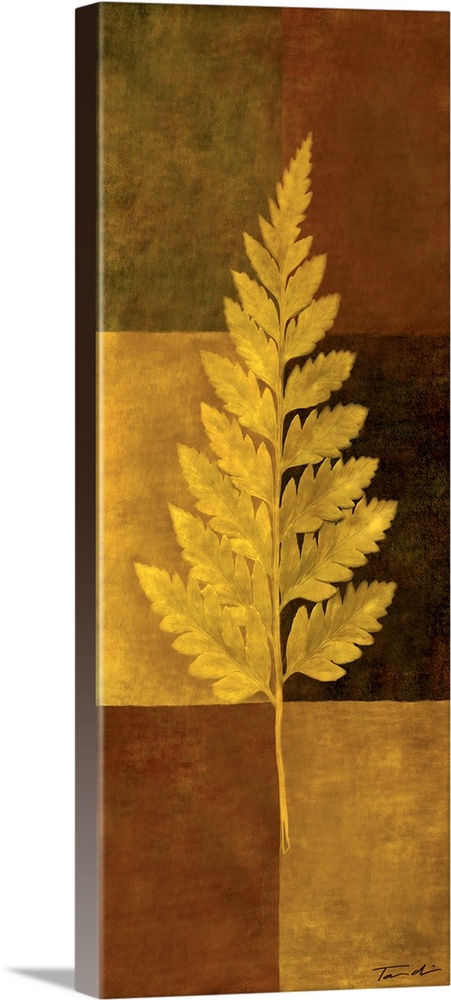 Long vertical decorative art of a single fern leaf in gold with a checkered earth toned background.