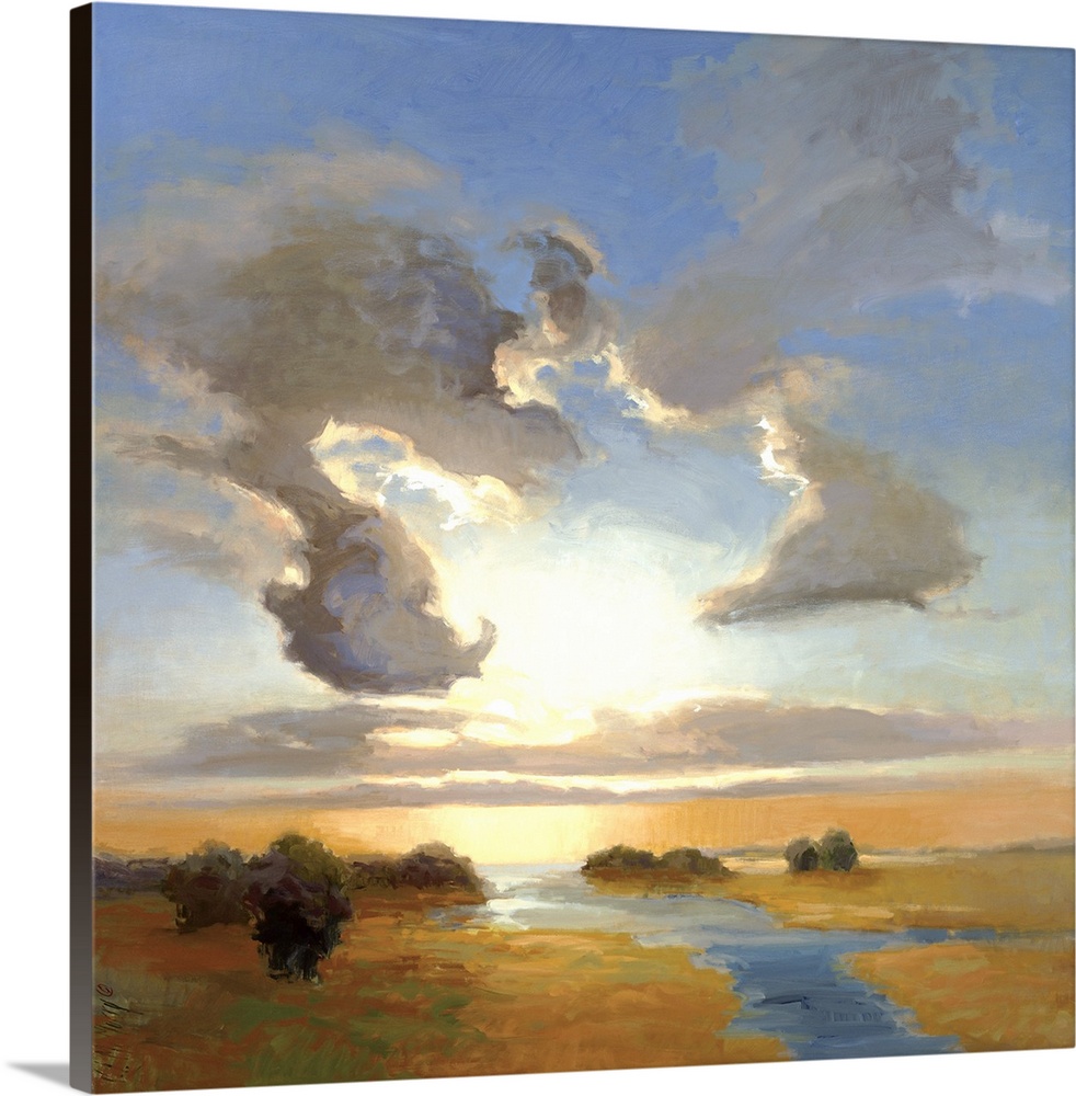 Square painting of a steam cutting through the landscape with large clouds in the sky above.