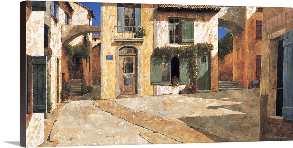 Painting of several doorways in an alley in a European village.
