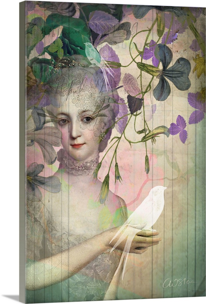A Victorian woman, peeping through blooming garden vines, is holding a white bird in her hand.
