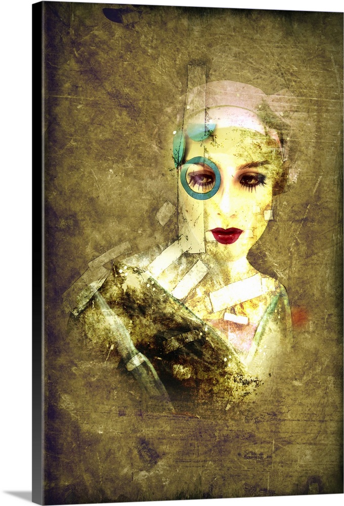 A digital composite image of a lady with a blue circle around one eye and white bandages on face and neck.  A brush stroke...