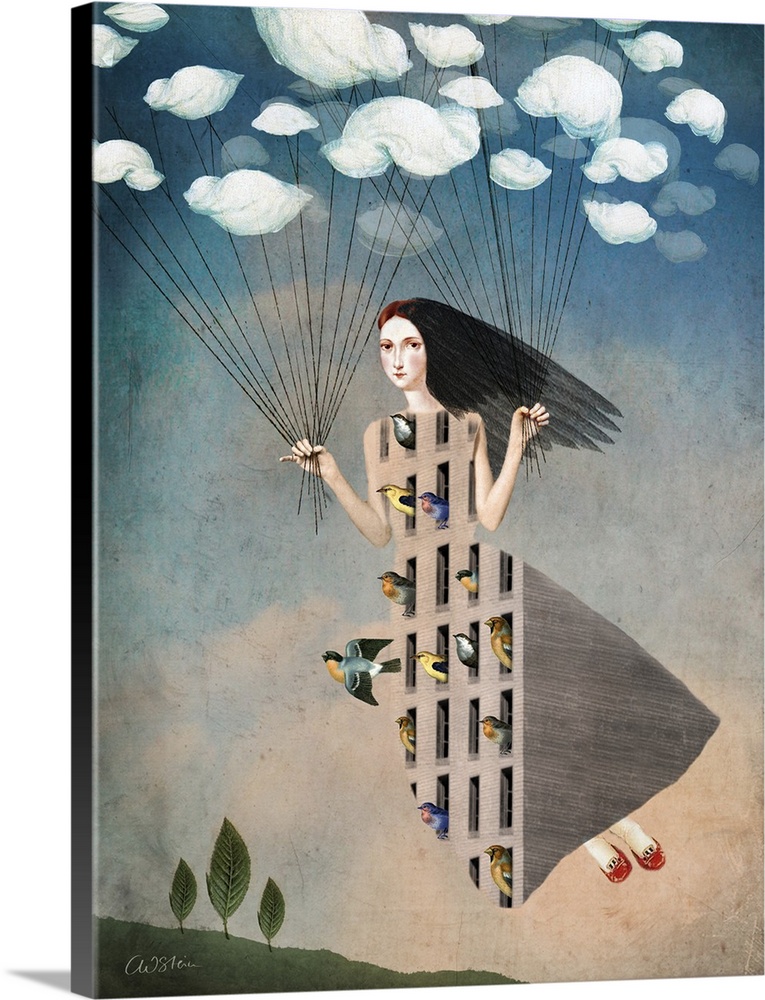 A woman portraying a vessel for a flock of birds is floating in the sky with clouds as balloons.