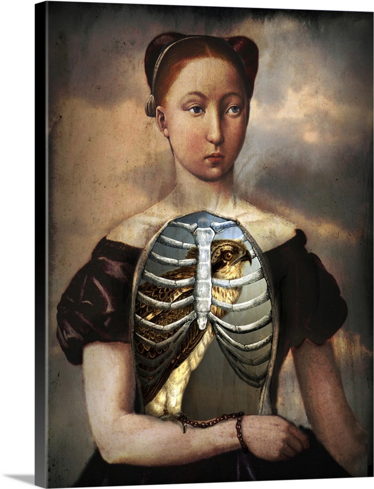 A portrait of a young Victorian lady with the inside of her chest exposed, showing a hawk inside.