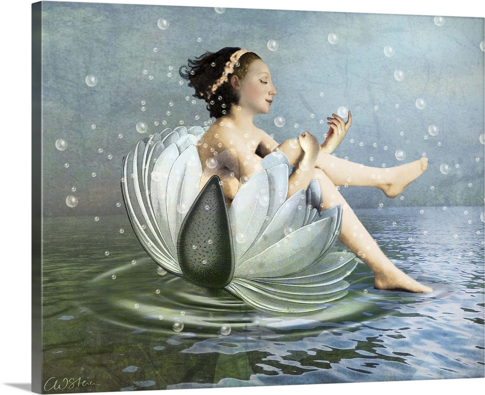 A digital composite of a female bathing on a large flower with bubbles floating in the air.