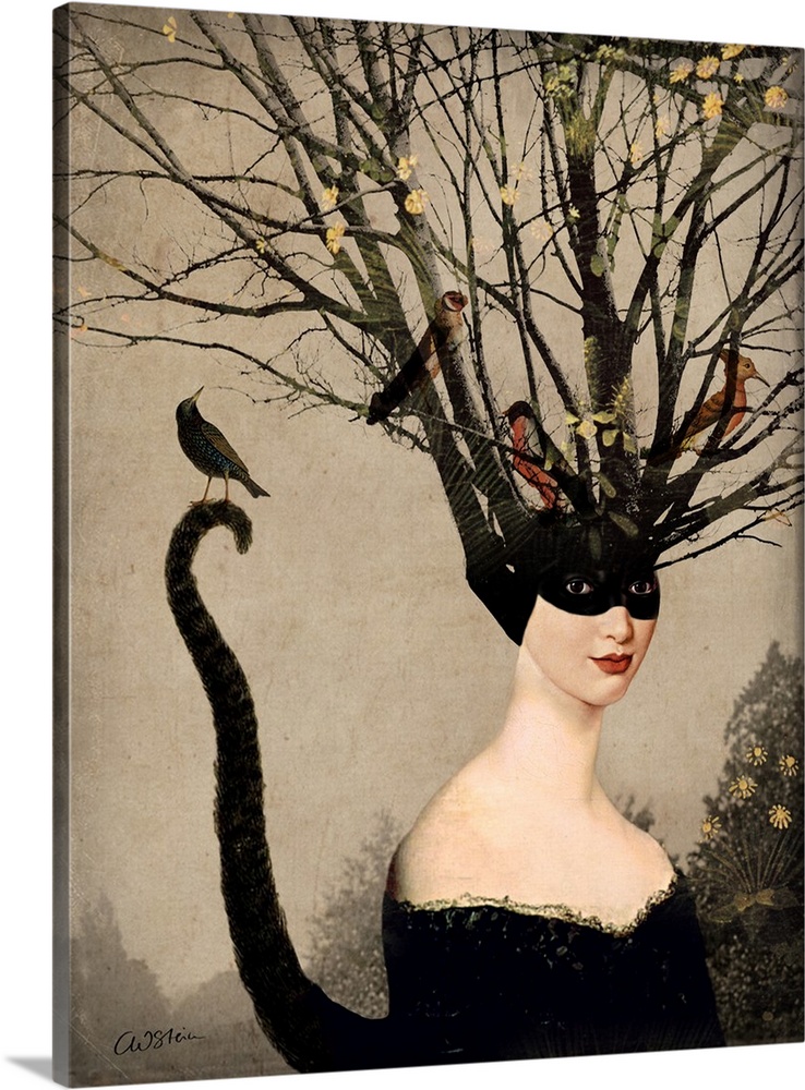 A woman with a cat tail has tree branches coming from her head where birds are resting.