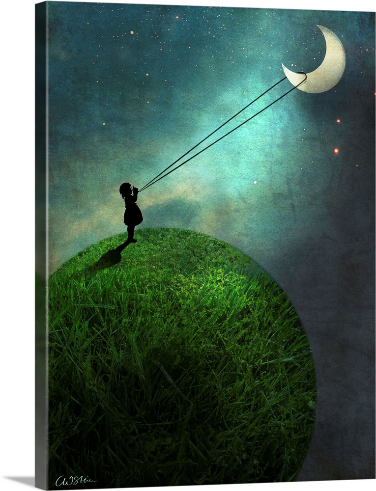 A vertical digital composite of a small child roping the moon.