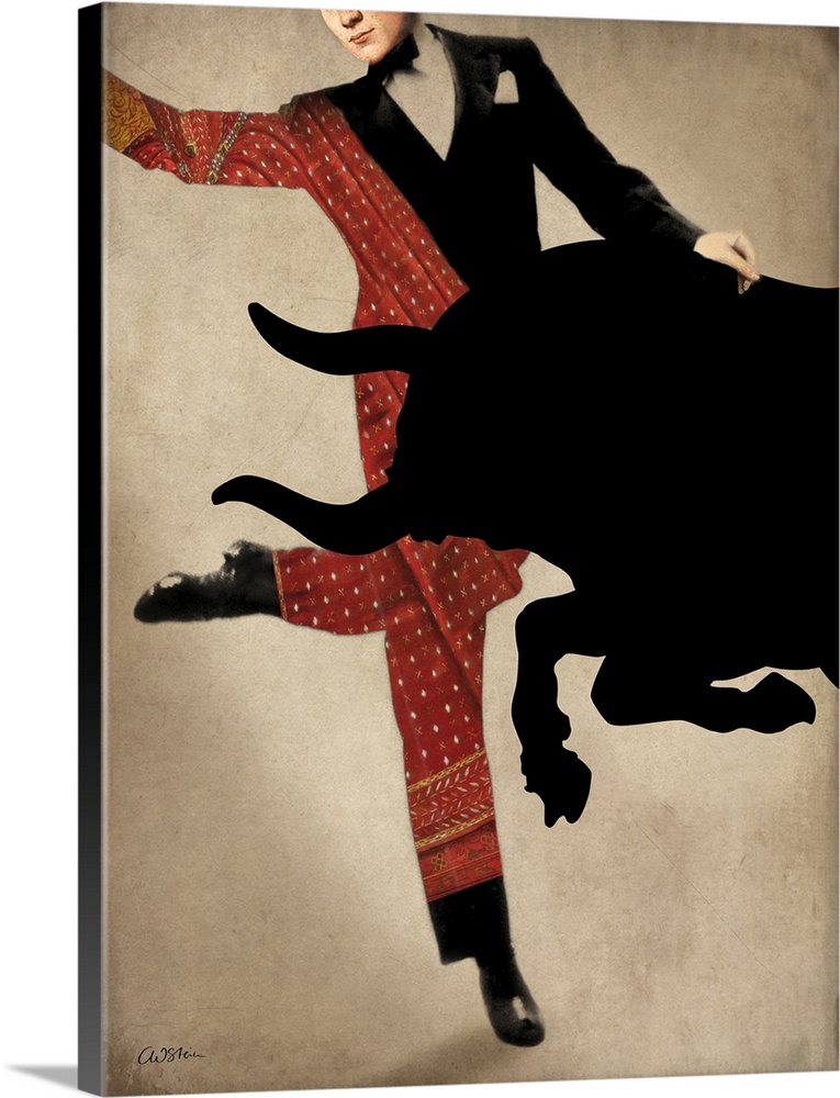 A modern take of bull fighting in which the matador is wearing a tuxedo and dancing shoes.