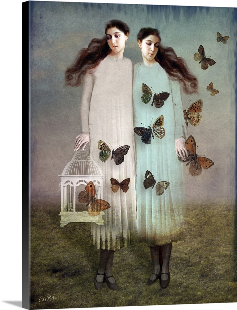 Two girls standing behind each other as a group of butterflies fly out of a bird cage.