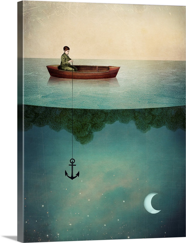 A digital abstract composite of a young boy on a boat with the moon light sky in the water.
