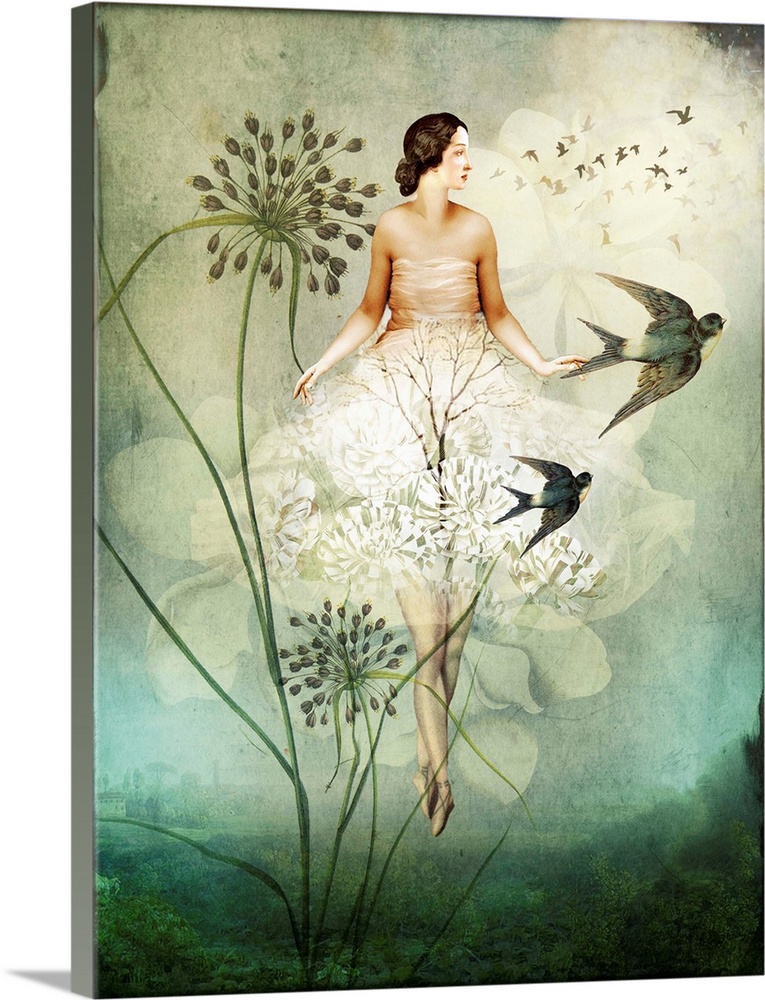 A woman floating in the sky with white flowers as bird passes by.