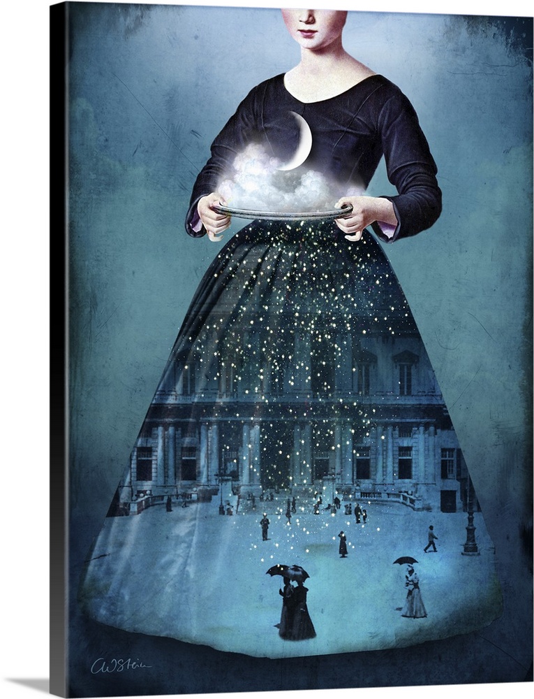 A woman is holding a plate containing the moon and clouds, while a city street scene is shown on the skirt of her dress.