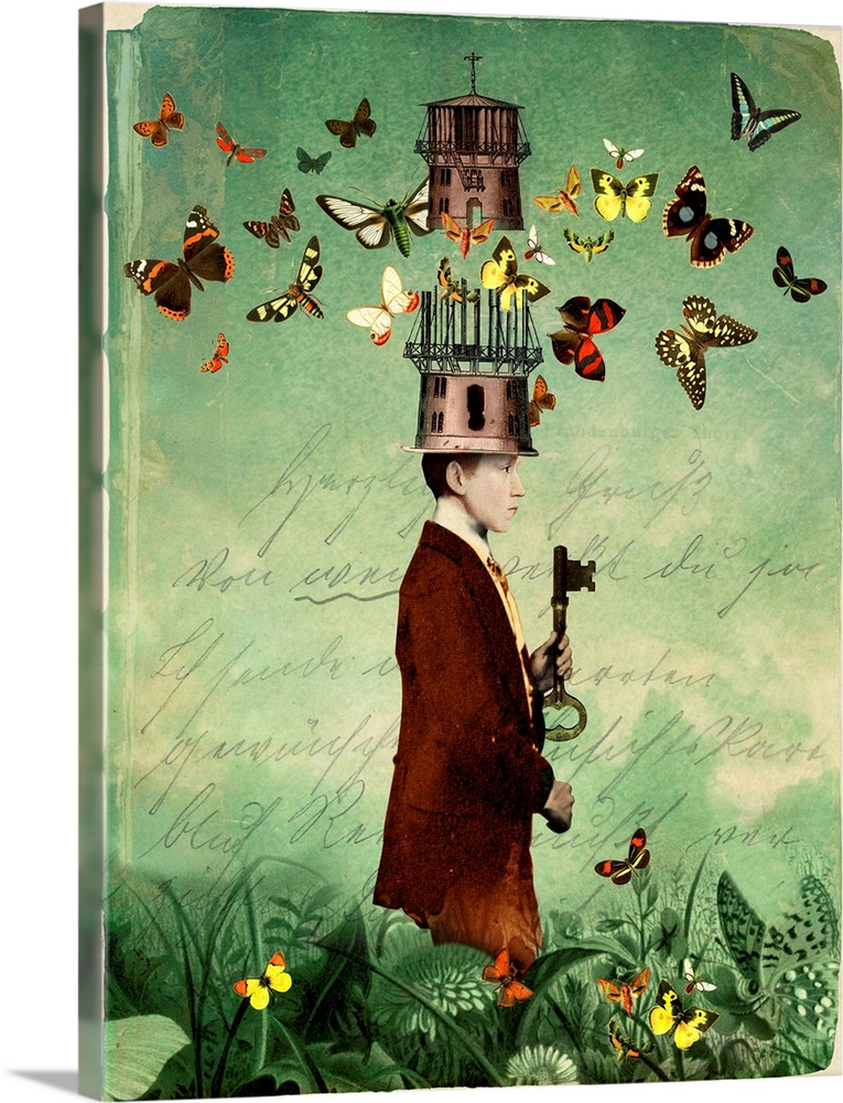 Contemporary artwork of a male holding a key with butterflies flying overhead.