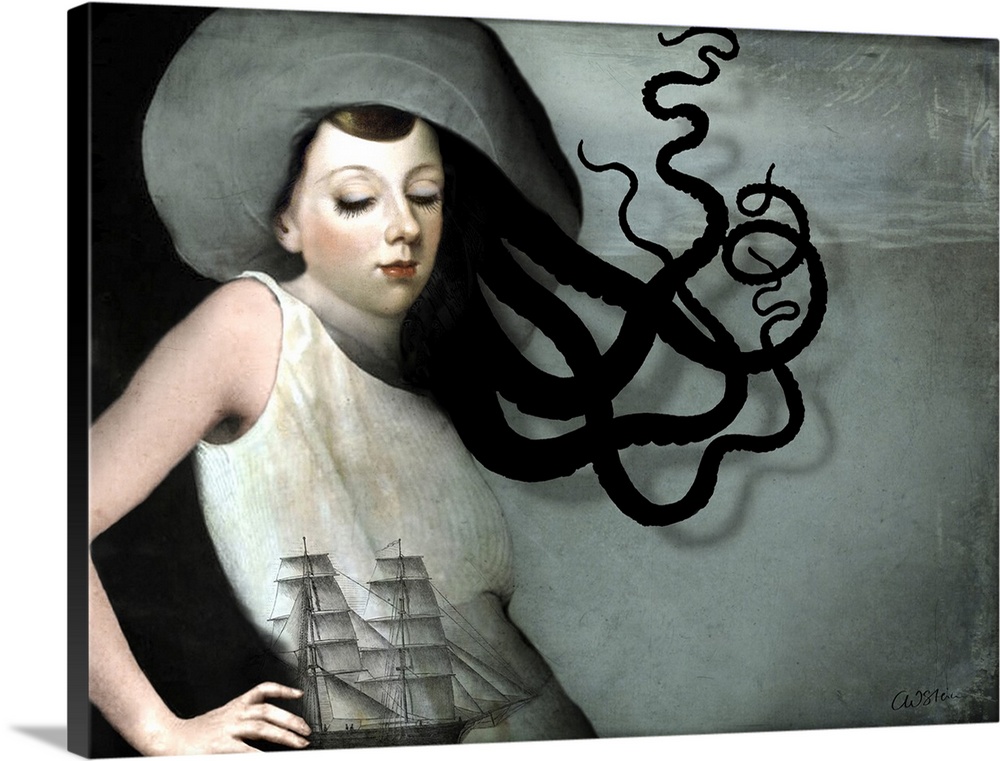 A girl with a ship on her dress has octopus tentacles for her hair.