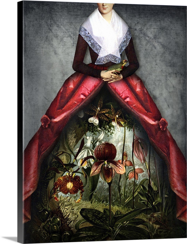 Digital composite of a woman in Victorian clothes with a floral garden scene peeping through the front of the dress.