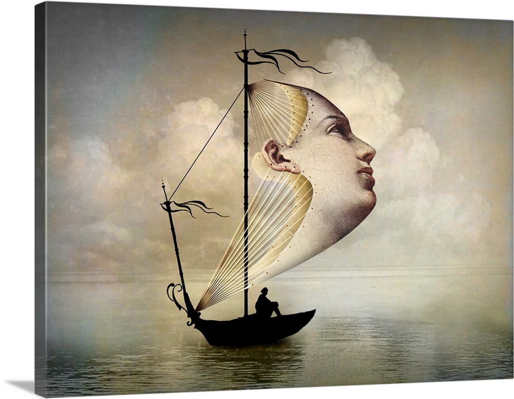 A digital composite of a woman's head as the sail of a small boat.