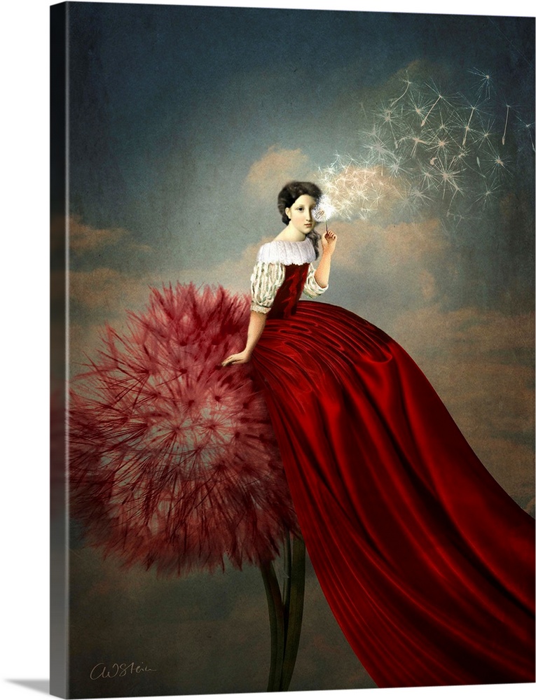 A lady with a long red dress is sitting on a red dandelion.