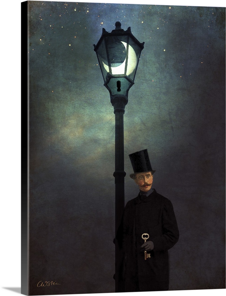 A vertical painting of a man holding a key next to a lamppost.