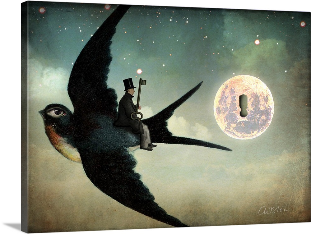 A man with a key is wearing a top hat and riding a bird with a enlarged eye.  They are flying past the moon which has a ke...