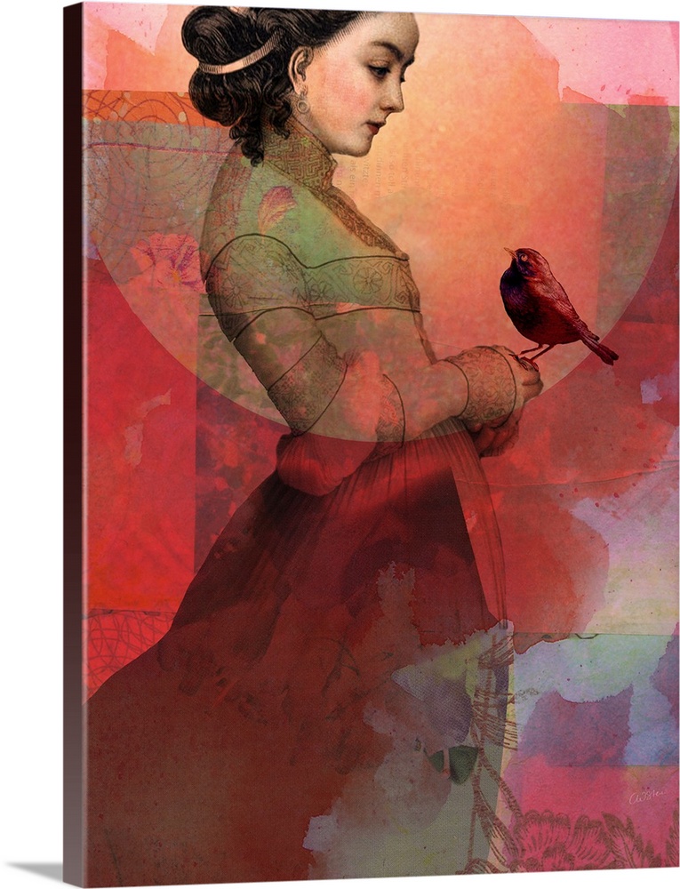 A digital composite of a female holding a bird with shades of red overlay.
