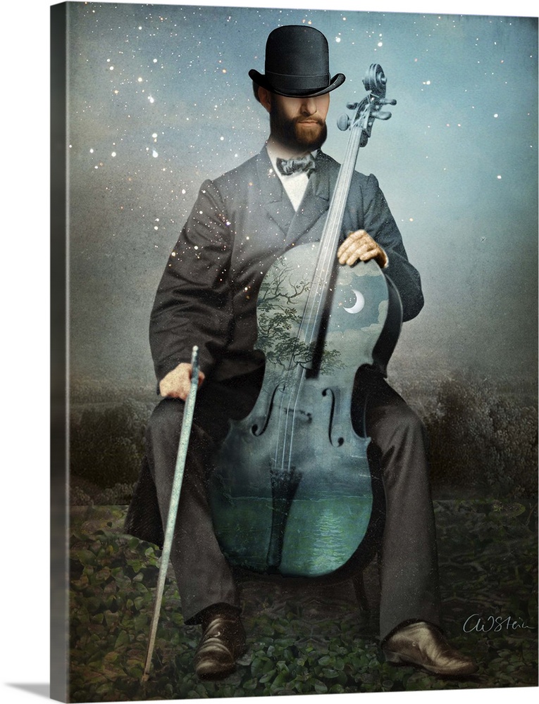During a starry night, a man is holding a cello in which you can see a night time scene on the face on it.
