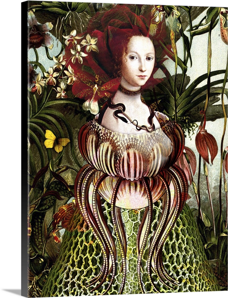 A woman with a red rose for hair and a snake around her neck, emerging from a flower in a garden.