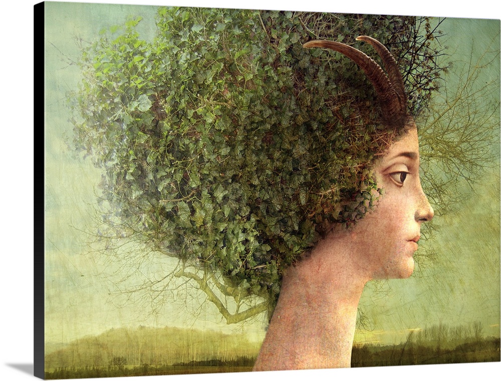 A profile of a young woman who has a tree for hair.