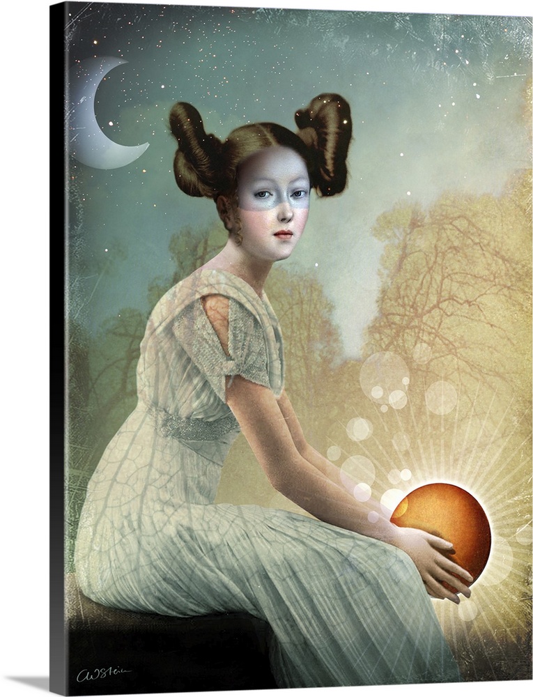 A young lady in a white dress is holding the sun in her hands as the crescent moon is shining behind her.