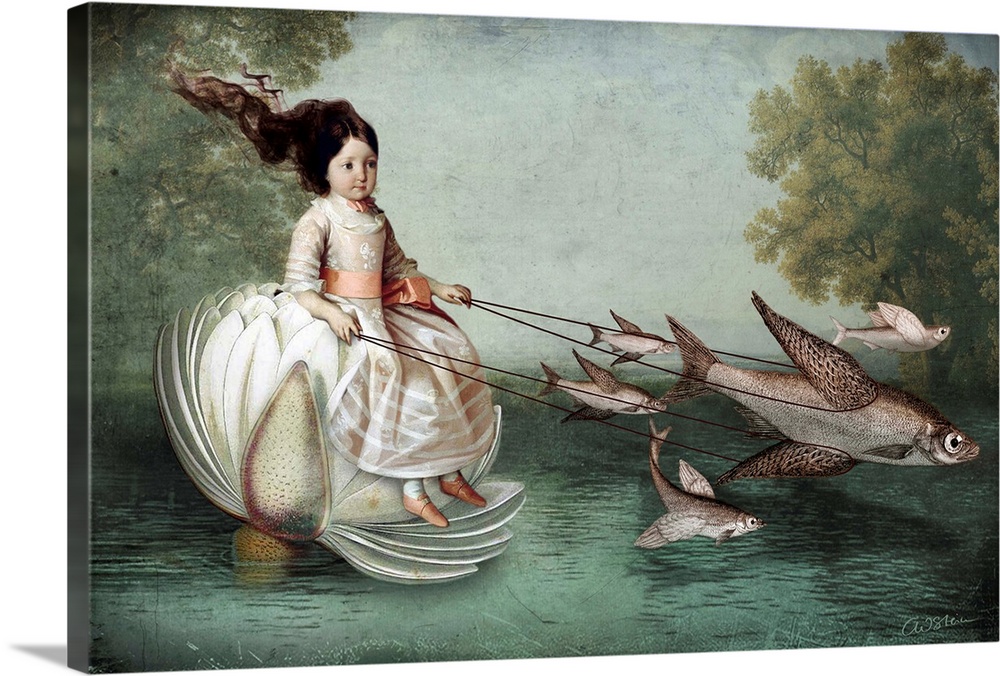 A conceptual artwork of a small girl riding a flower being pulled by fish with wings.