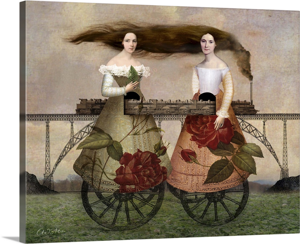 A train, crossing a bridge, is passing through the center of two woman with large roses on their dresses.  The woman appea...