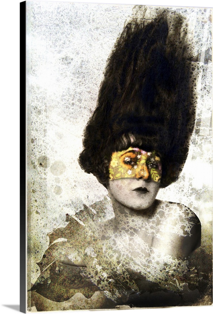 A portrait of a woman wearing a mask with a textured overlay.