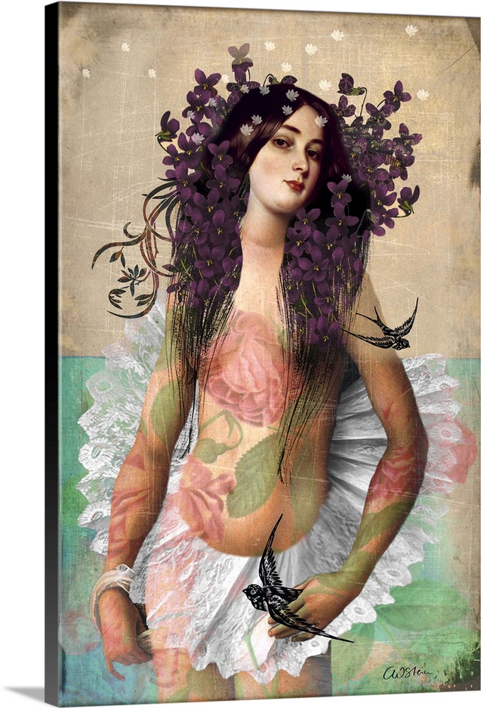 A lady has red roses overlapping her skin and purple flowers in her long hair.