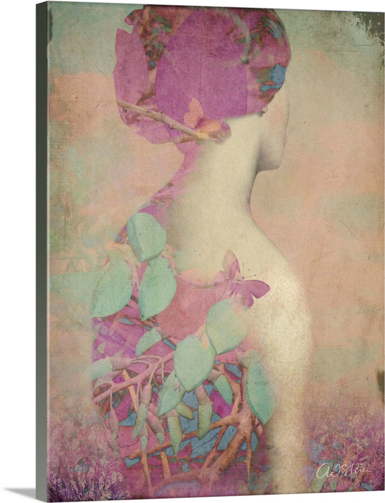 A portrait of a woman looking away with a overlap of floral branches in pastel colors.