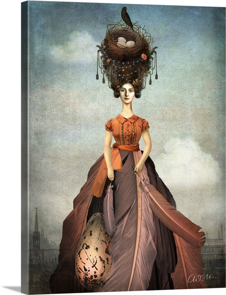 A digital composite of a female wearing a dress made of feathers with a bird nest on her head.