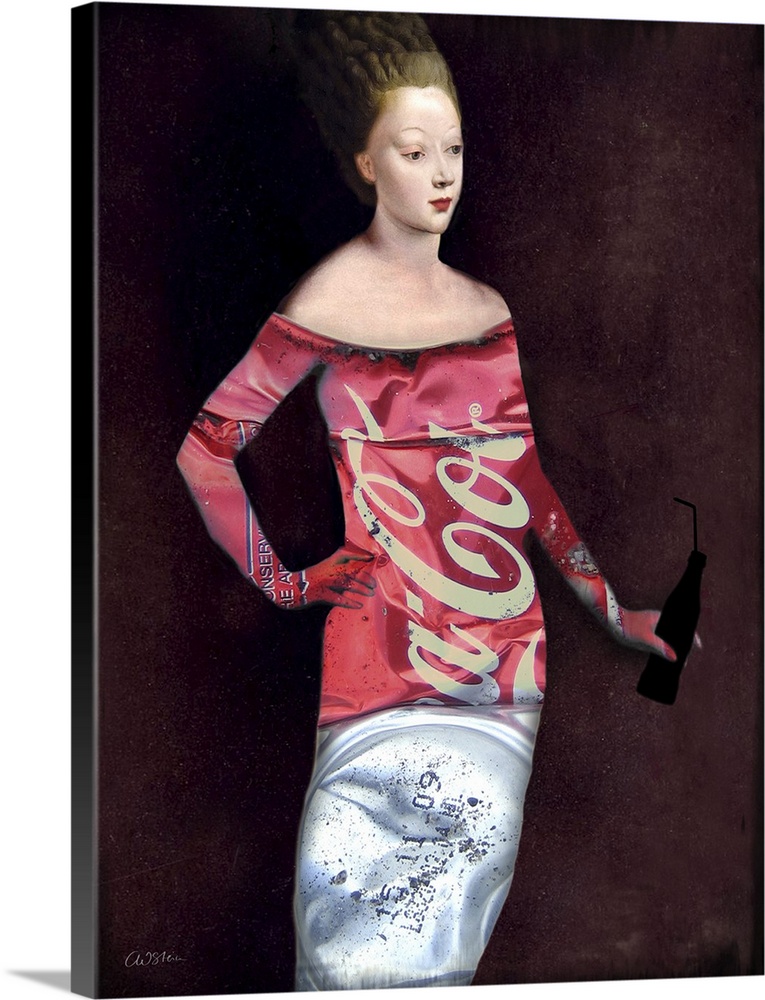 A portrait of a lady holding a glass bottle drink while dressed in a stylish outfit made of a soft drink can.