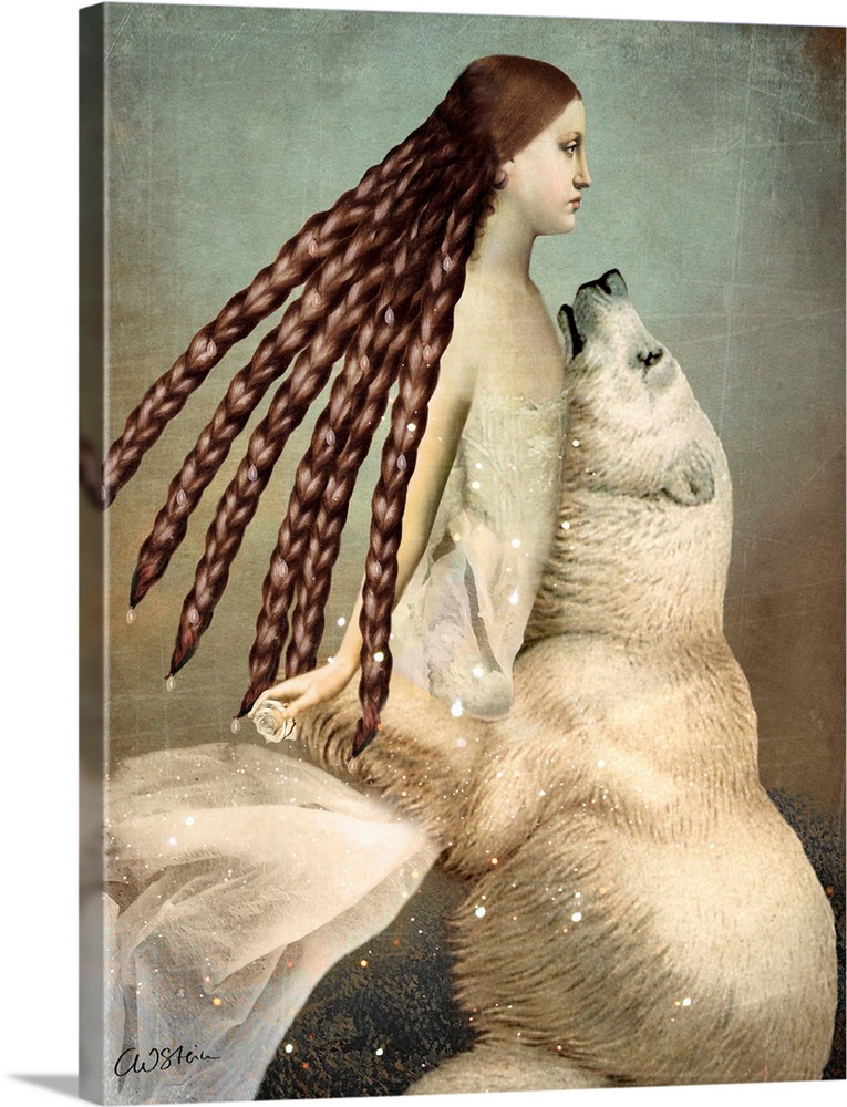 A digital composite of a polar bear embracing a female with long hair.