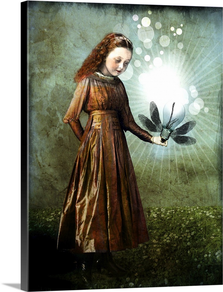 Composite picture of a young girl holding a light bulb with wings.