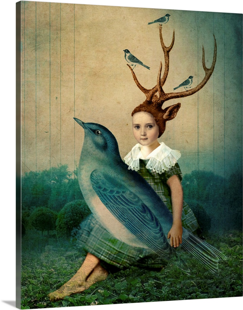 A child with antlers holding a large blue bird in her lap.