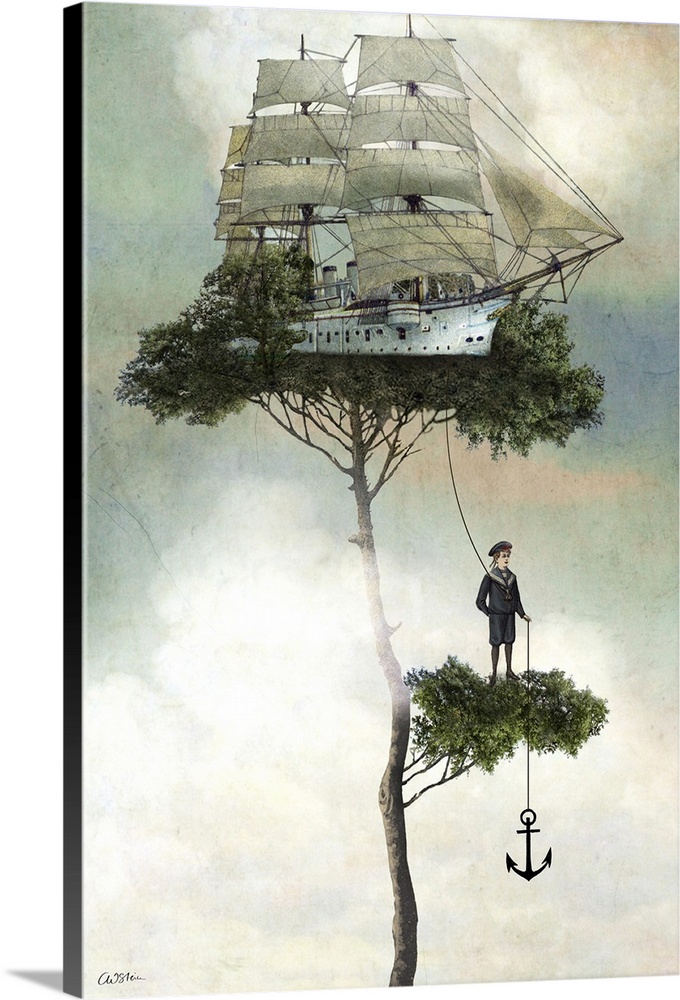 A digital composite of a ship and sailor on top of trees.