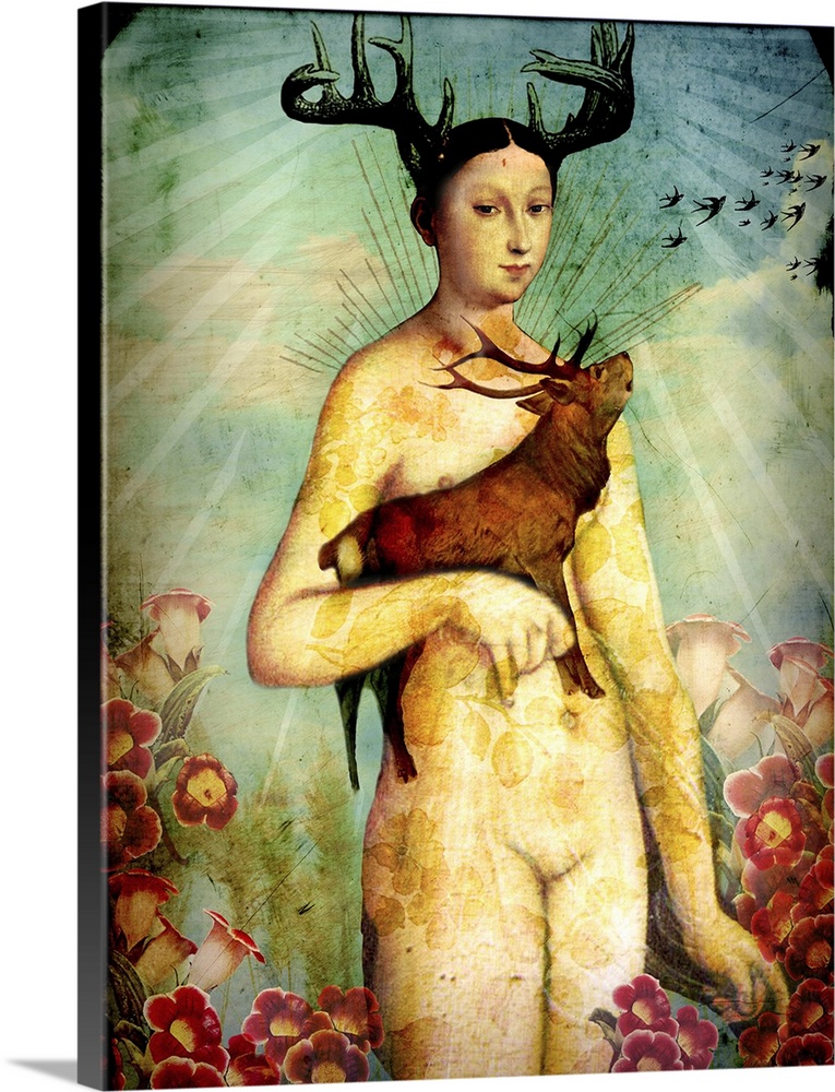 Composite artwork of a nude woman with antlers holding an elk, surrounded by flowers.