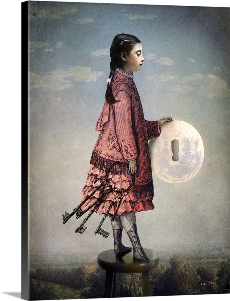 A young girl is holding the moon with a key hole in it and a ring of keys.