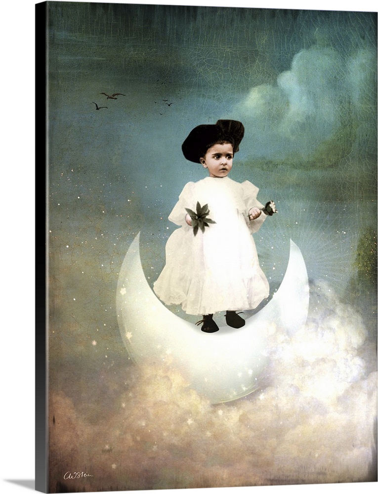 A young child in white is standing of a crescent moon in the clouds.