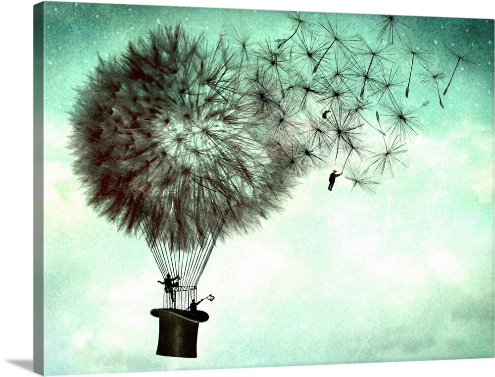 An abstract illustration of large dandelions as hot air balloons.