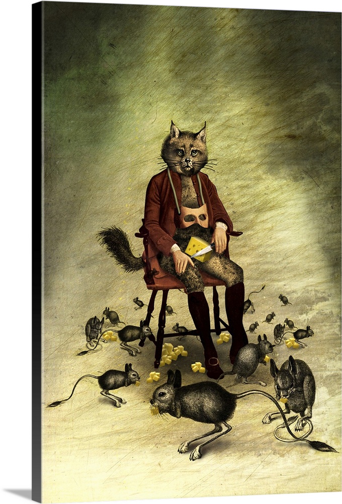 Conceptual image of a cat sitting in a chair with a block of cheese and a knife while mice surround it eating pieces of cu...