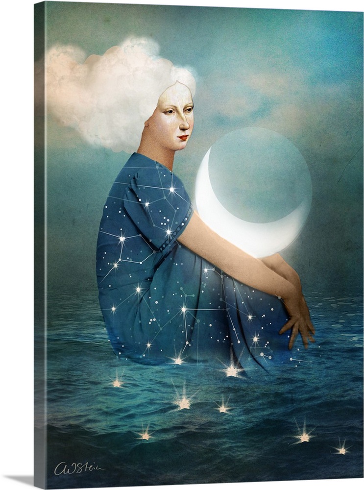 Conceptual artwork of a woman with constellations on her dress, sitting in the ocean with the moon on her lap and clouds a...