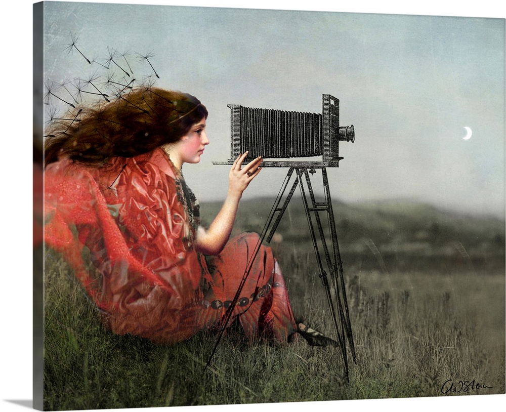 A digital composite of a female in a field using a view camera.
