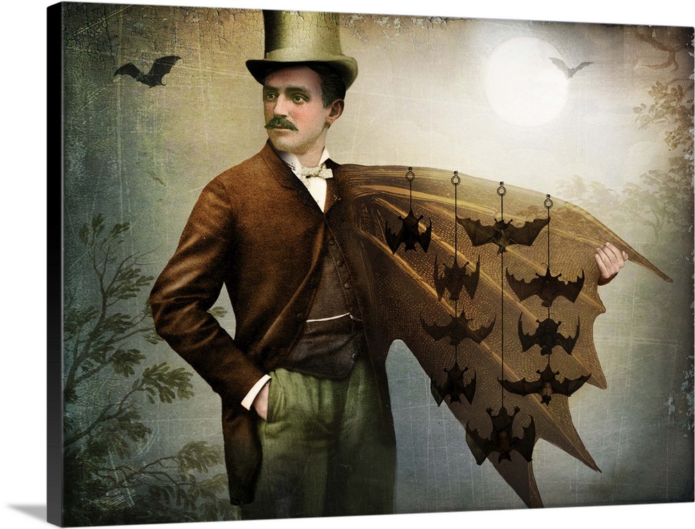 Artwork of a man with one bat wing on his side filled with bats hanging on strings.