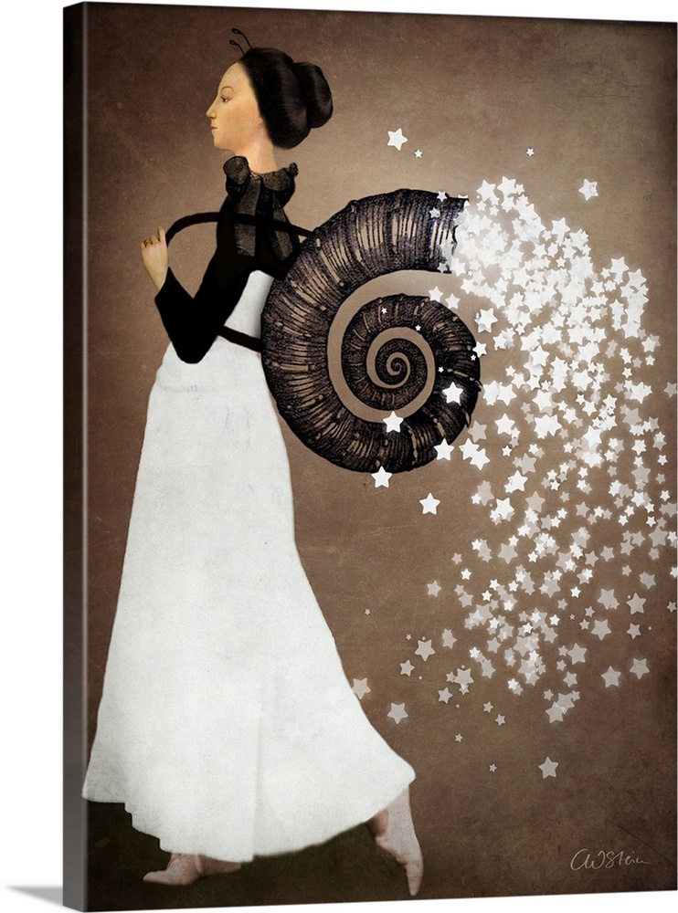 A woman carrying a large shell on her back that is releasing stars.