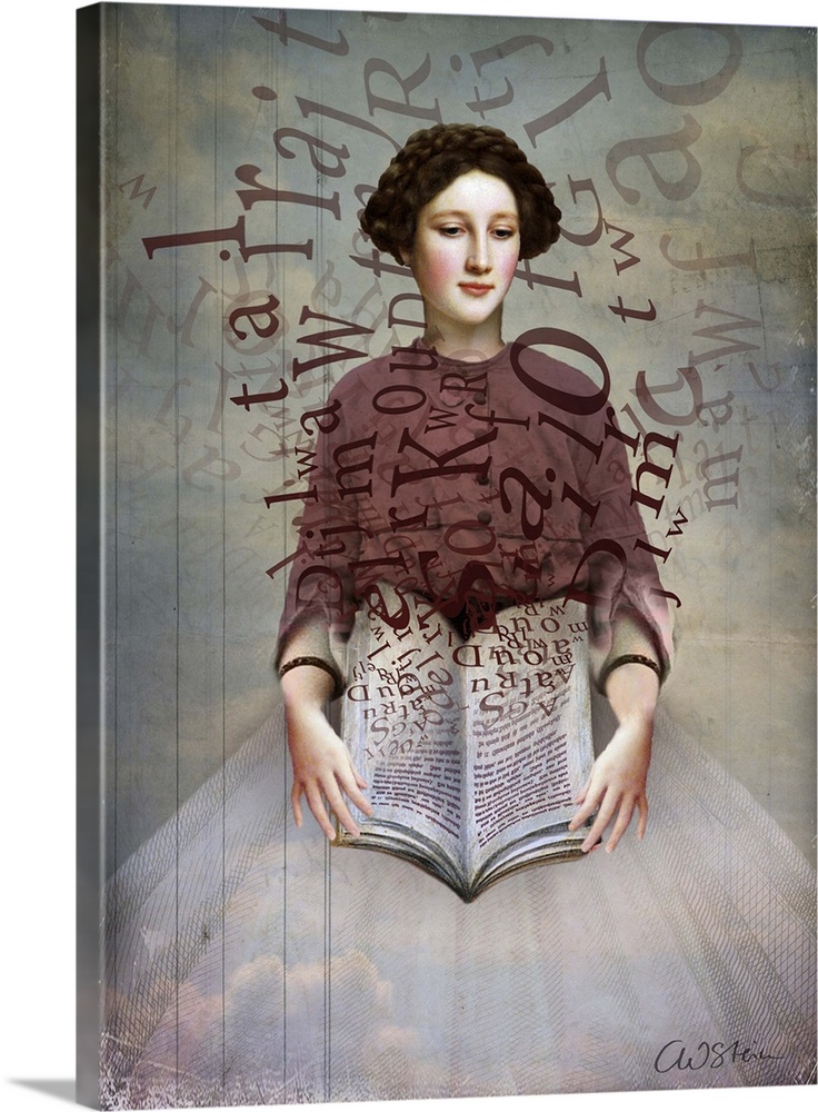 Conceptual art of a female holding a book as letters float off of the pages.
