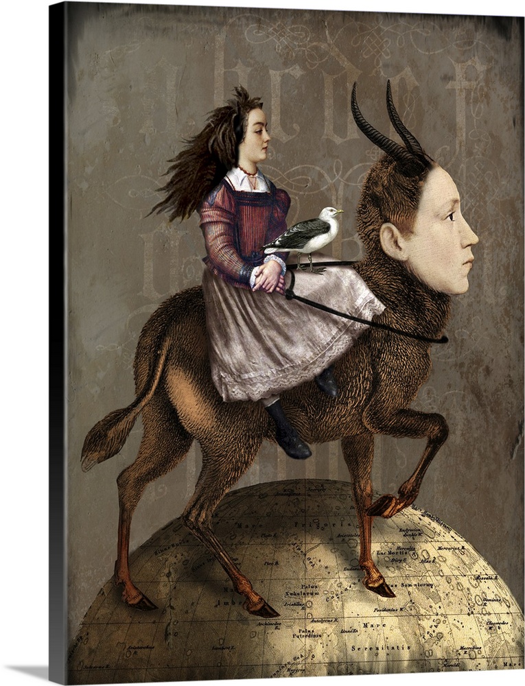 A lady with a bird is riding a mythical creature of half man, half deer.  They are standing on a globe with a textured, we...